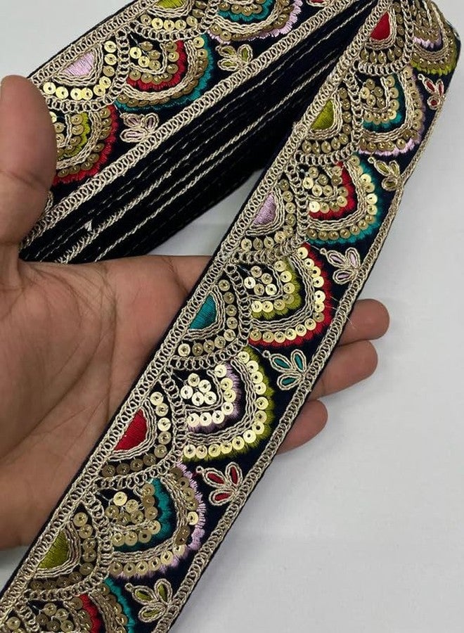 Multicoloured Velvet Lace Border Velvet Saree Lace Velvet Border Designers Laces Embroidered Lace 9 Meter 2 Inch Wide (Navy Blue)